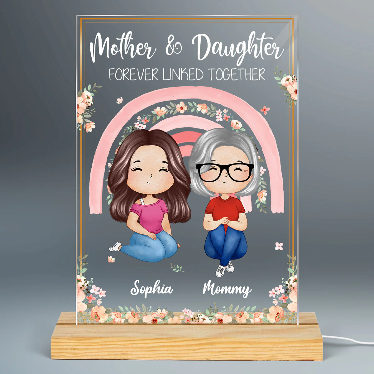 Mother Daughter Forever Linked Together Watercolor Style Women Floral Rainbow Personalized Rectangle Acrylic Plaque LED Night Light - Image 2