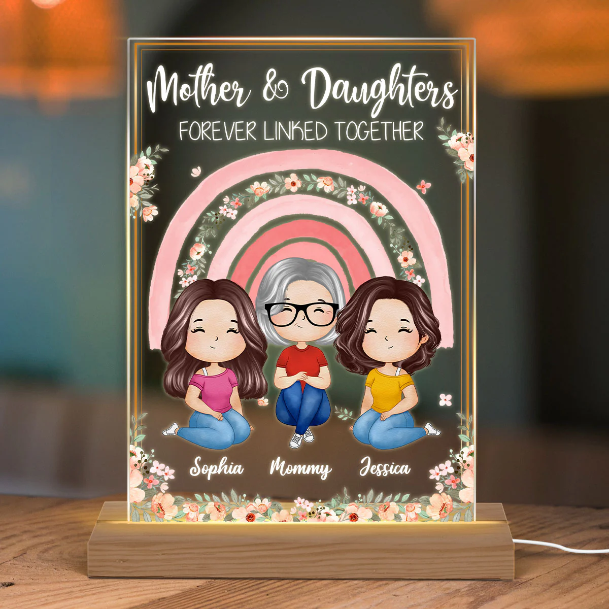 Mother Daughter Forever Linked Together Watercolor Style Women Floral Rainbow Personalized Rectangle Acrylic Plaque LED Night Light - Image 3