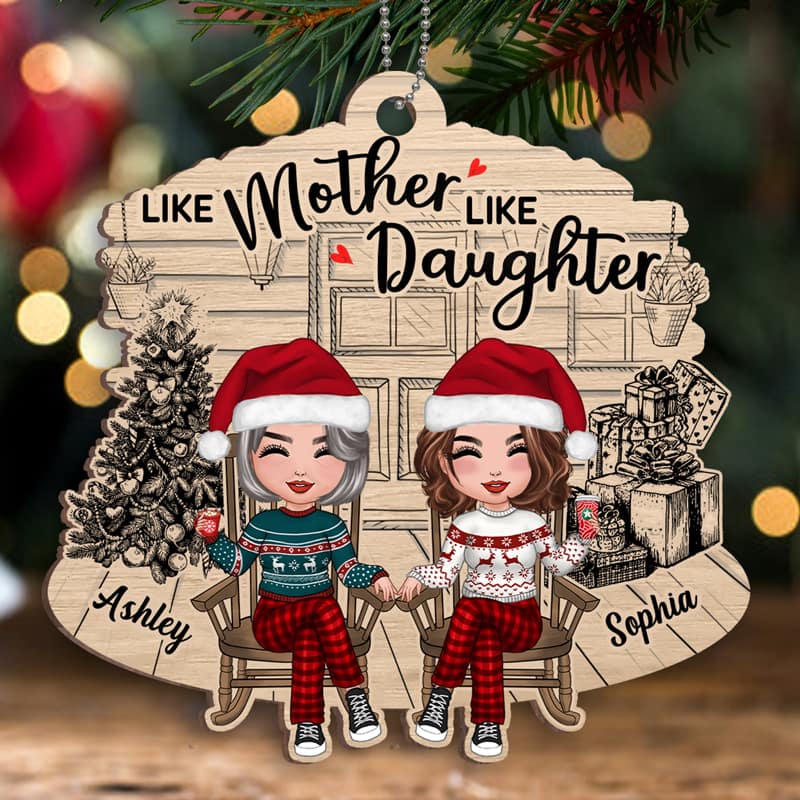 Mother Daughter Front Porch Christmas Personalized Wooden Ornament - Image 2