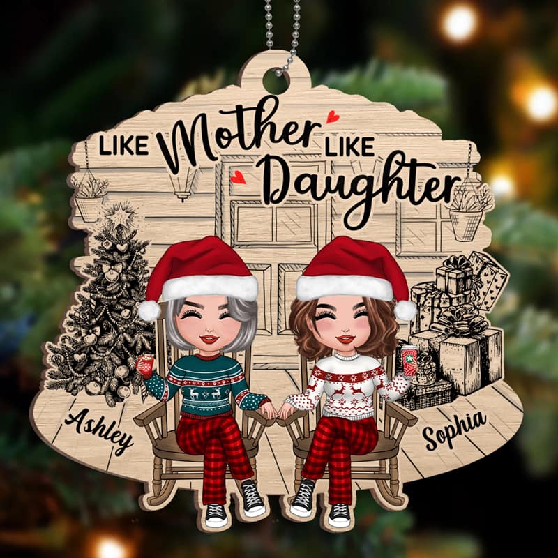 Mother Daughter Front Porch Christmas Personalized Wooden Ornament - Image 3