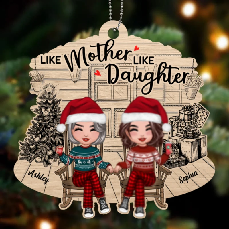 Mother Daughter Front Porch Christmas Personalized Wooden Ornament - Image 4