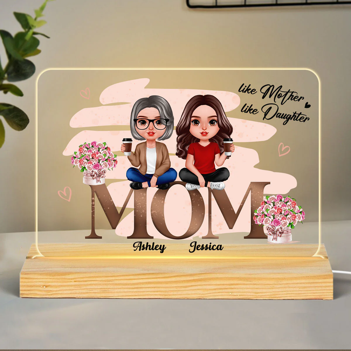 Mother Daughter Pink Flowers Sitting On Words Personalized Acrylic Custom Shape LED Night Light - Image 2