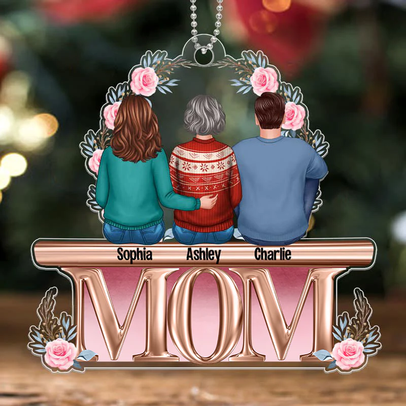 Mother Daughter Son Sitting On Text Personalized Christmas Acrylic Ornament - Image 2