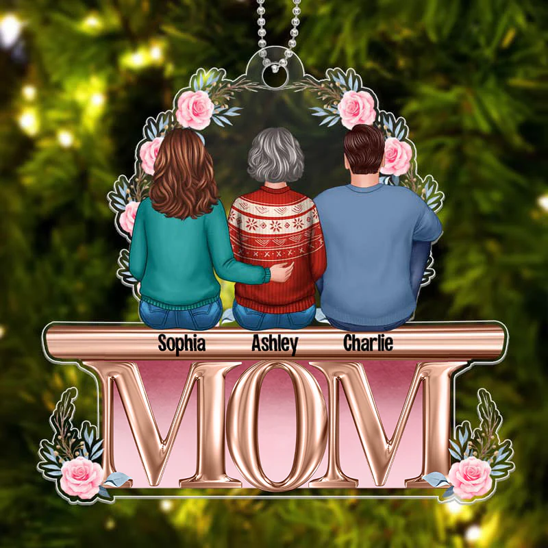 Mother Daughter Son Sitting On Text Personalized Christmas Acrylic Ornament - Image 3