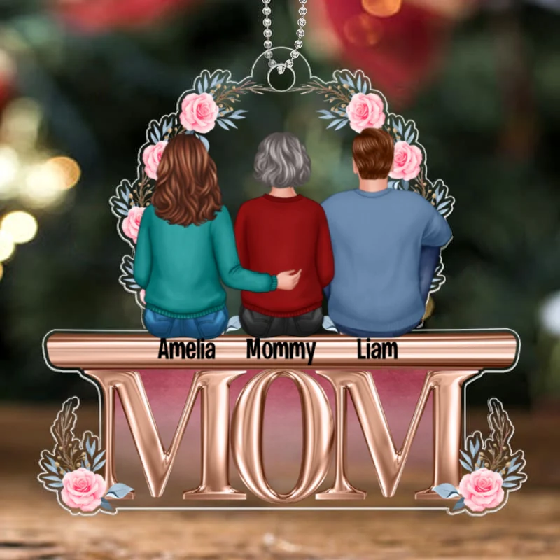 Mother Daughter Son Sitting On Text Personalized Christmas Acrylic Ornament - Image 4