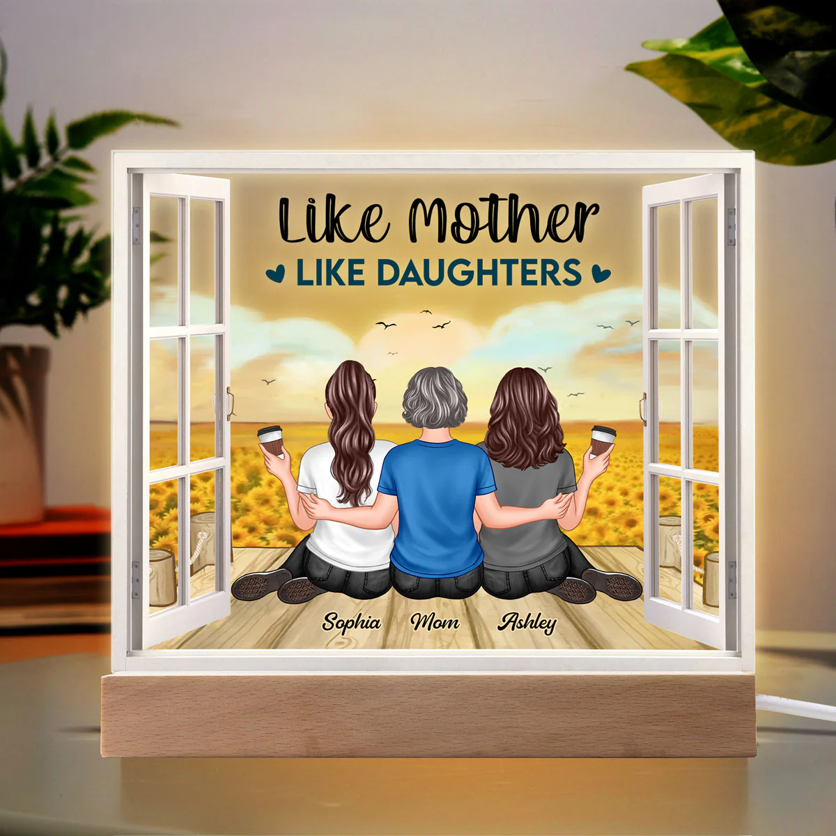 Mother Daughter Sunflower Field Window Personalized LED Night Light