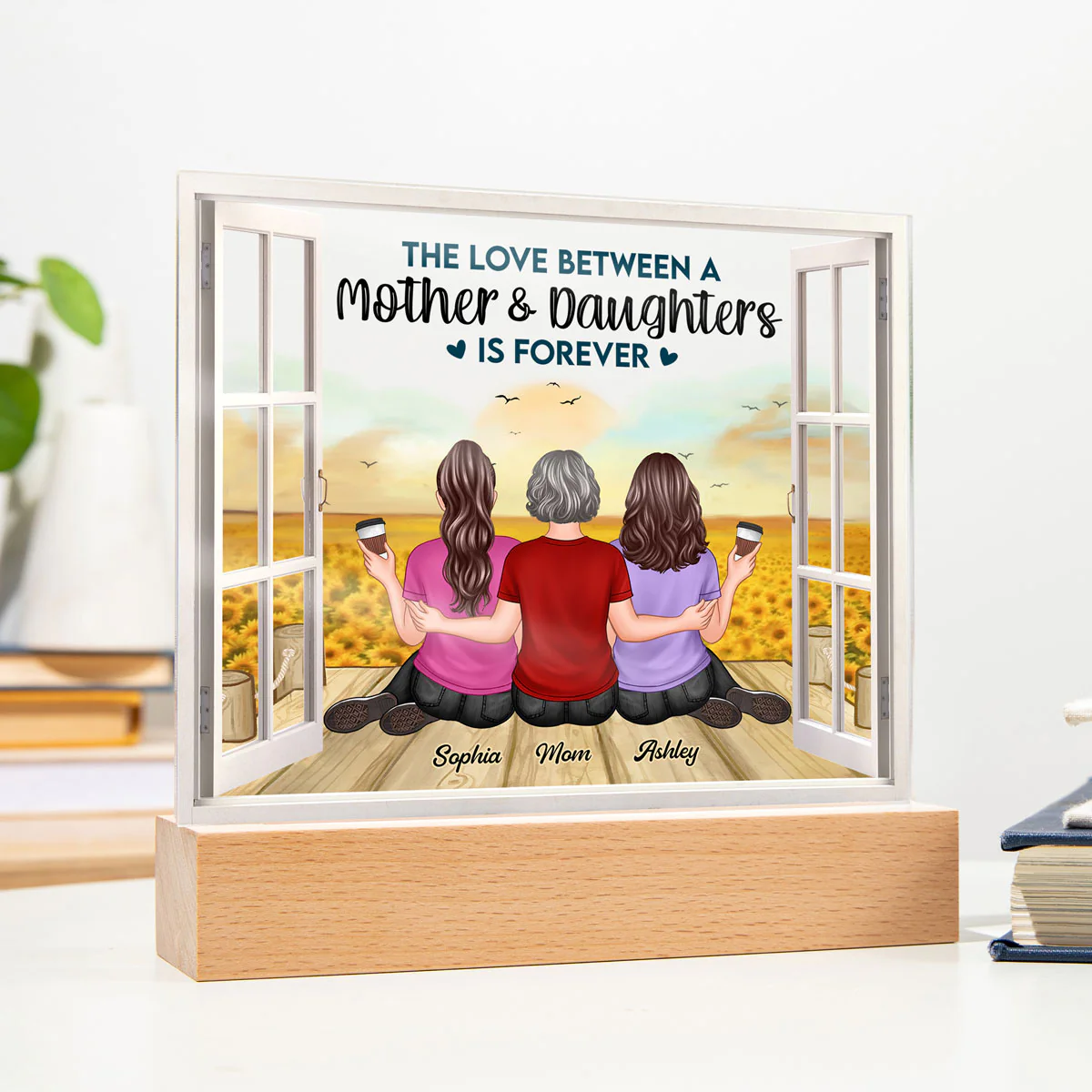 Mother Daughter Sunflower Field Window Personalized LED Night Light - Image 3