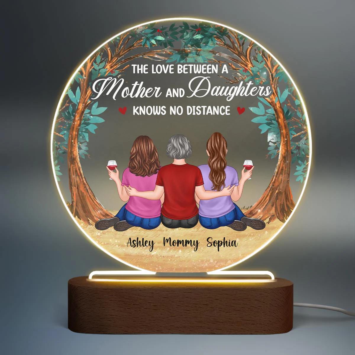 Mother Daughter Under Tree Personalized Acrylic Circle LED Lamp Night Light - Image 2
