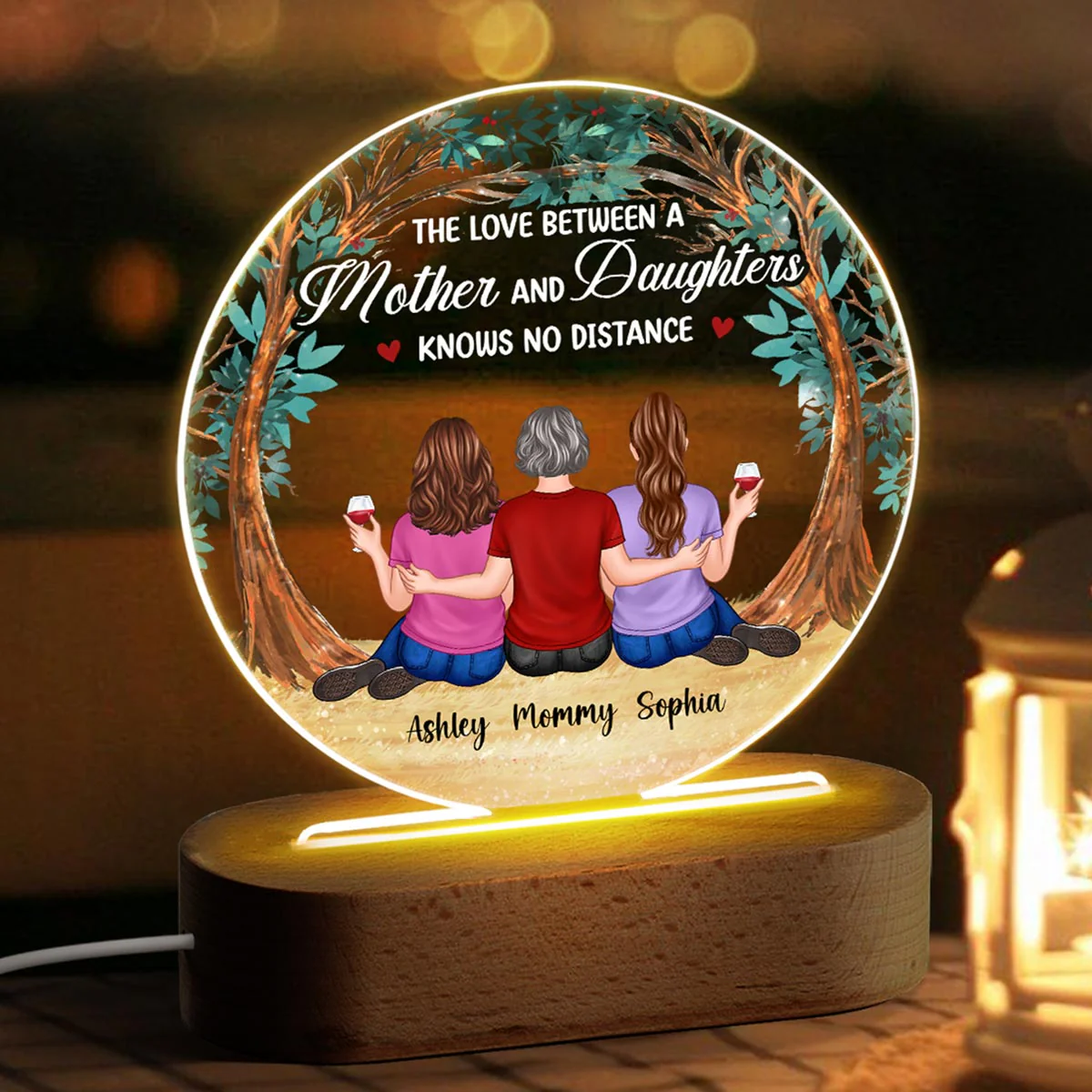 Mother Daughter Under Tree Personalized Acrylic Circle LED Lamp Night Light - Image 3