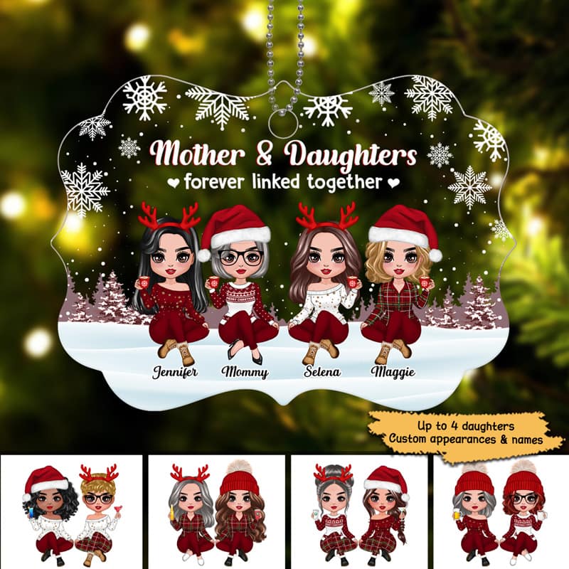Mother & Daughters Forever Linked Together Snow Background Personalized Acrylic Ornament - Image 2
