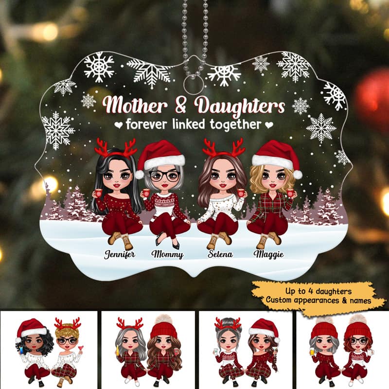 Mother & Daughters Forever Linked Together Snow Background Personalized Acrylic Ornament - Image 3