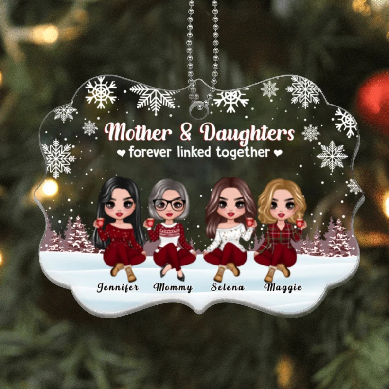 Mother & Daughters Forever Linked Together Snow Background Personalized Acrylic Ornament - Image 4