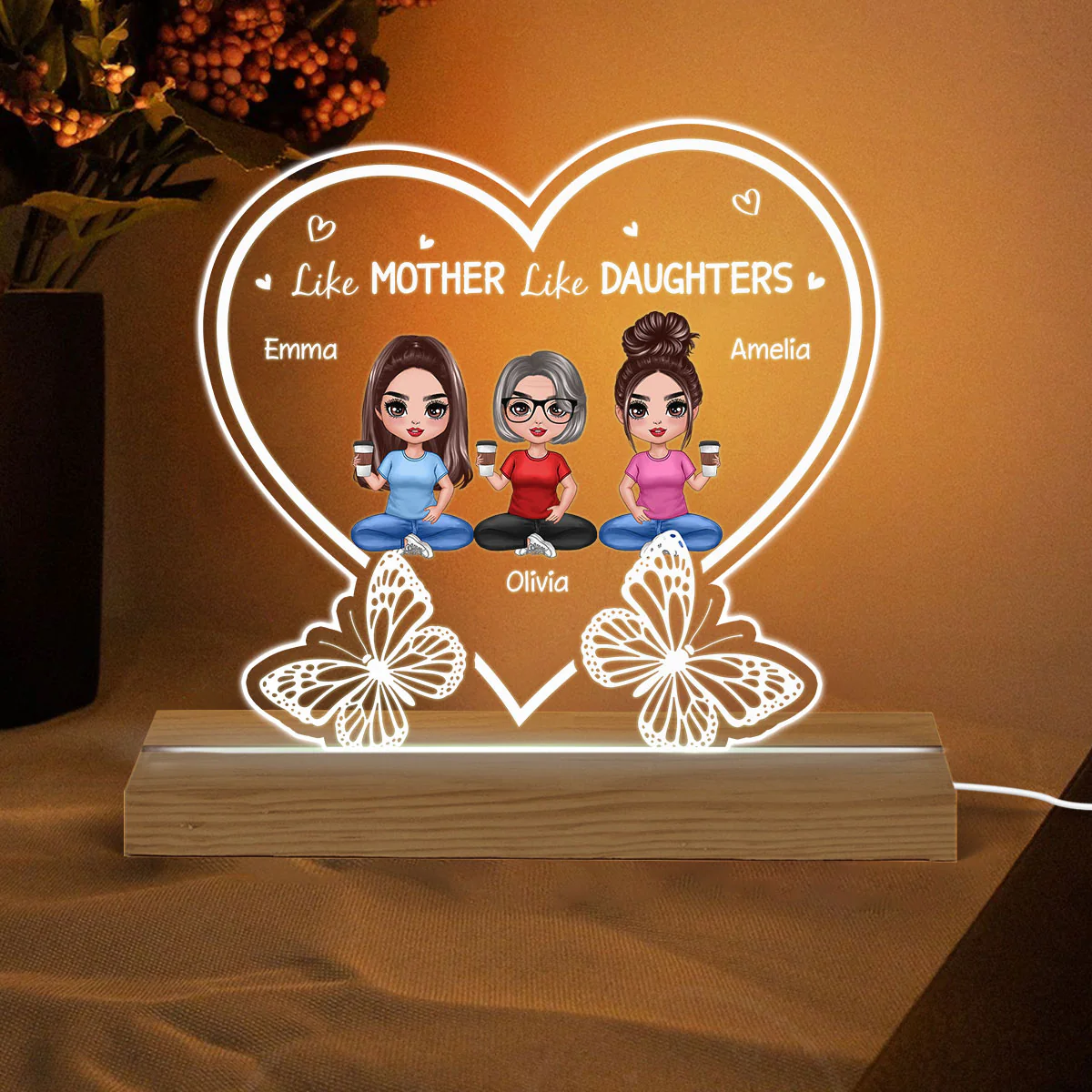 Mother Daughters Sitting Doll With Butterflies Personalized Custom Shape Acrylic LED Night Light - Image 2