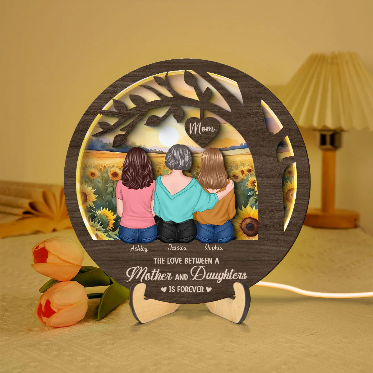 Mother Daughters Sitting Under Tree Personalized Wooden Frame With LED, Mother's Day gift for Mom