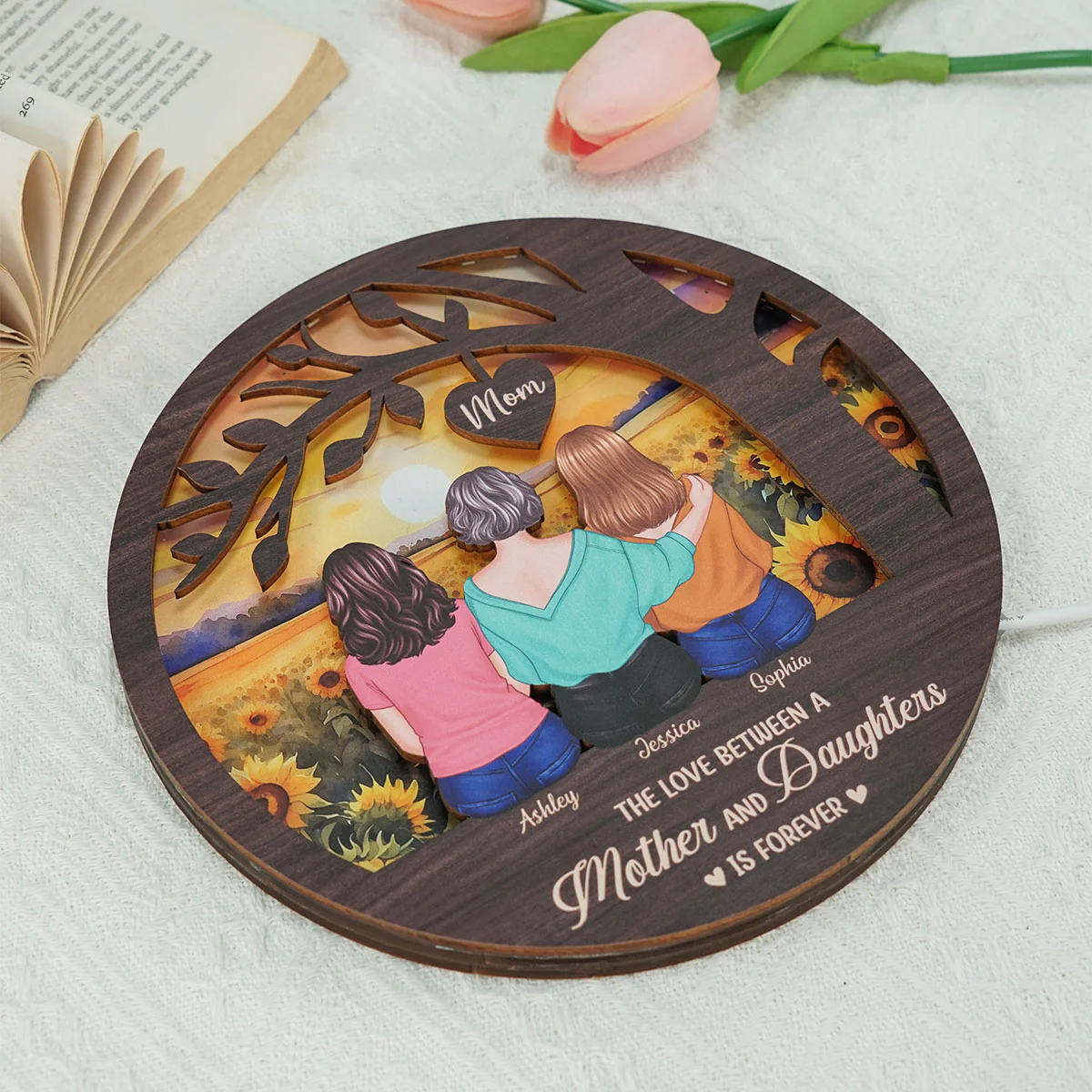 Mother Daughters Sitting Under Tree Personalized Wooden Frame With LED, Mother's Day gift for Mom - Image 5