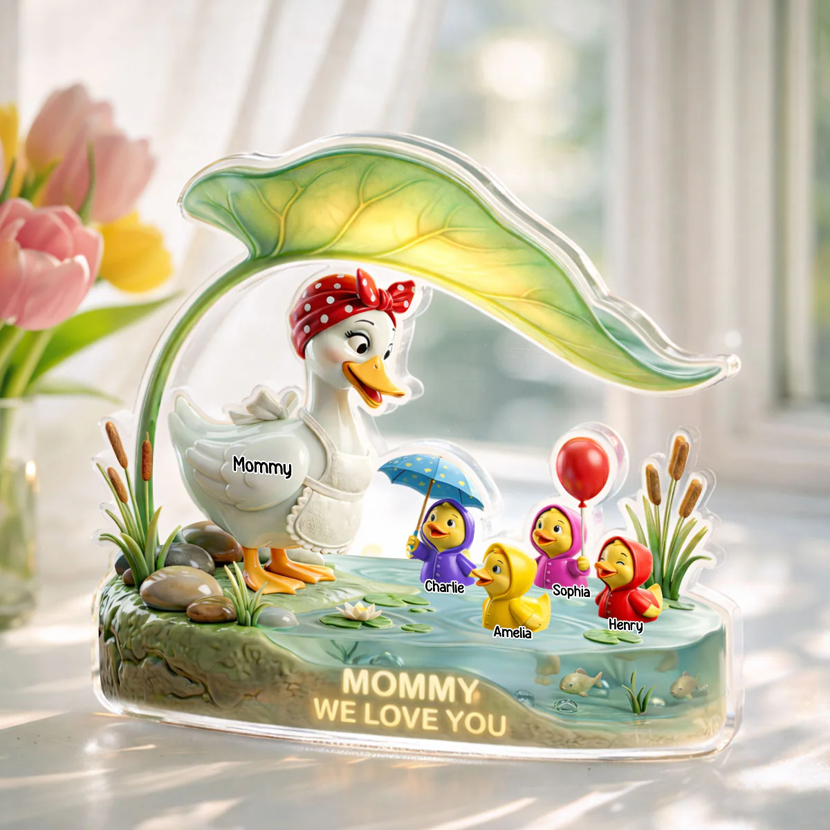 Mother Duck And Little Ducks - Personalized Acrylic Block Plaque - Gift For Mom, Grandma