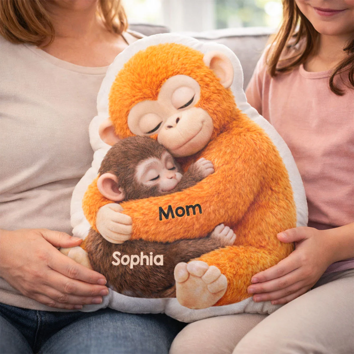 Mother Monkey & Children, Baby Monkey Punch - Personalized Faux Fur Custom Shaped Pillow - Heartfelt Mother's Day Gift for Mom, Wife - Image 3