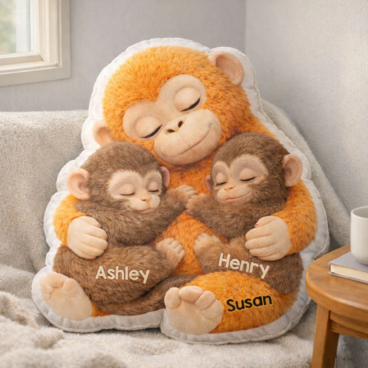 Mother Monkey & Children, Baby Monkey Punch - Personalized Faux Fur Custom Shaped Pillow - Heartfelt Mother's Day Gift for Mom, Wife - Image 5