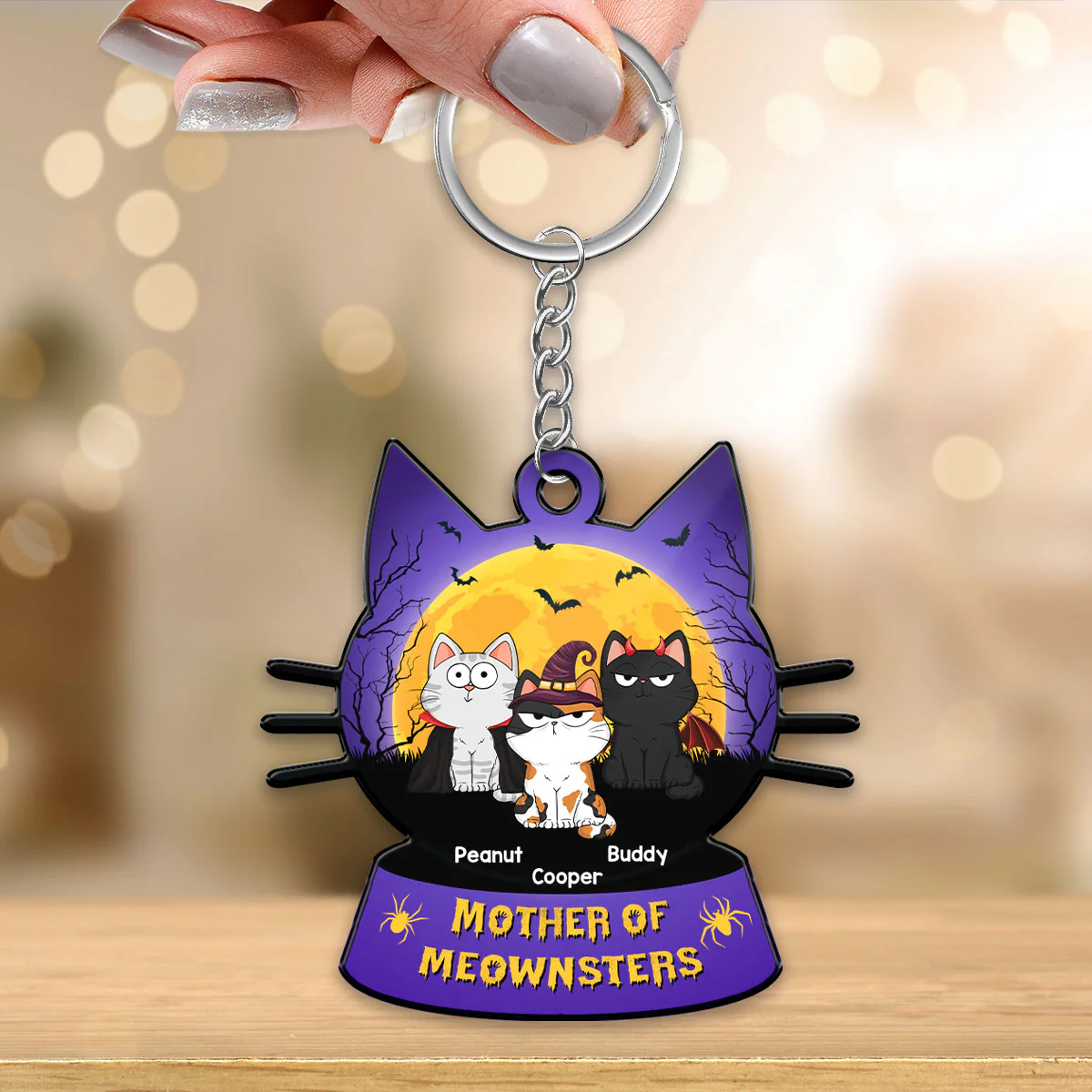 Mother Of Meownsters Cat Mom Yellow Moon Personalized Acrylic Keychain - Image 3