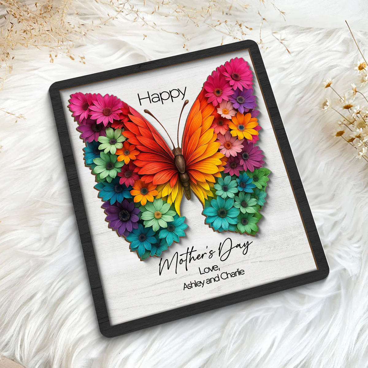 Mother's Day Butterfly Flowery Wings 2D Flat, Personalized 2-Layered Wooden Plaque, Gift for Mom, 3D Effect - Image 7