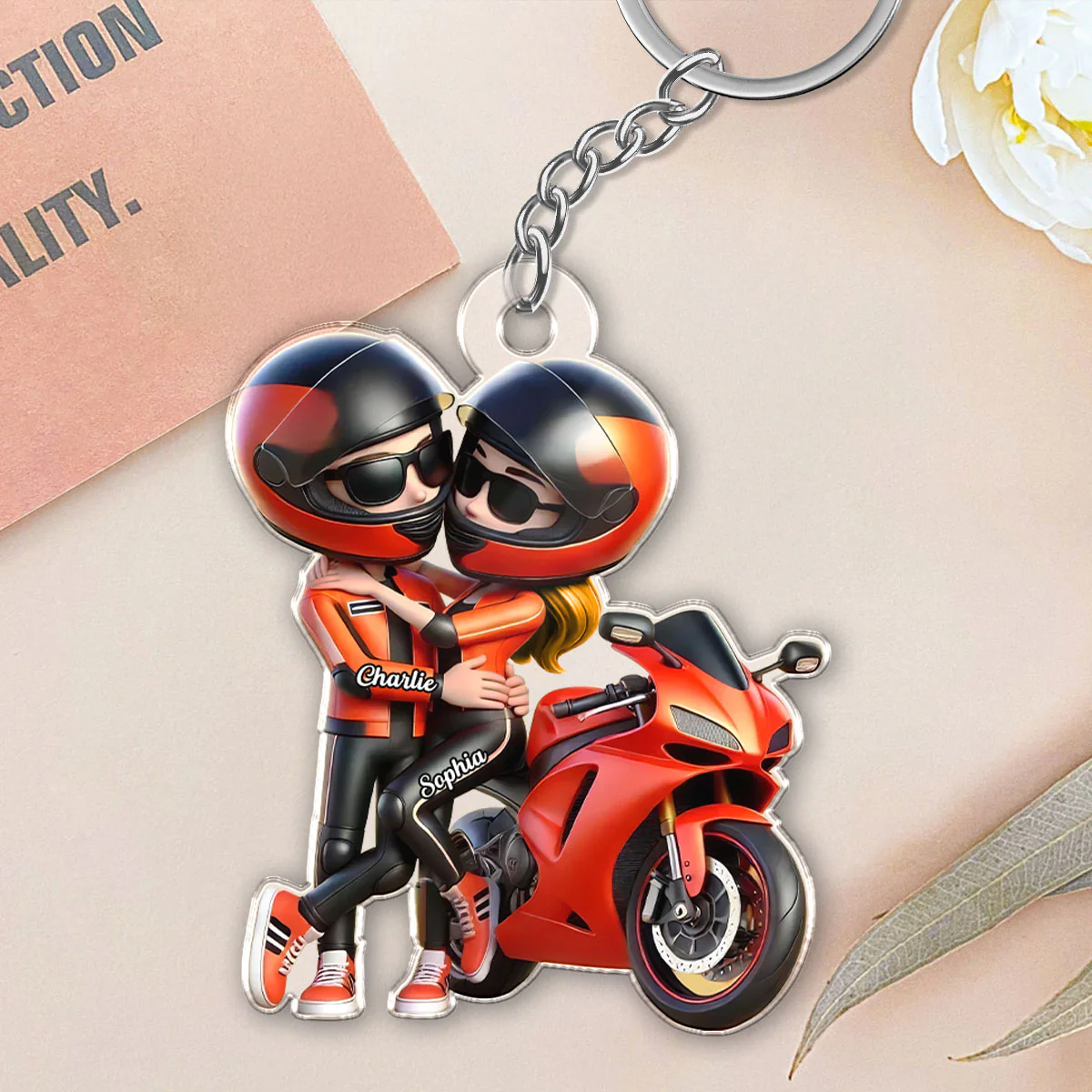 3D Effect Motorcycle Pretty Cartoon Couple Personalized Acrylic Keychain, Anniversary Birthday Gift For Him, For Biker Couple - Image 8