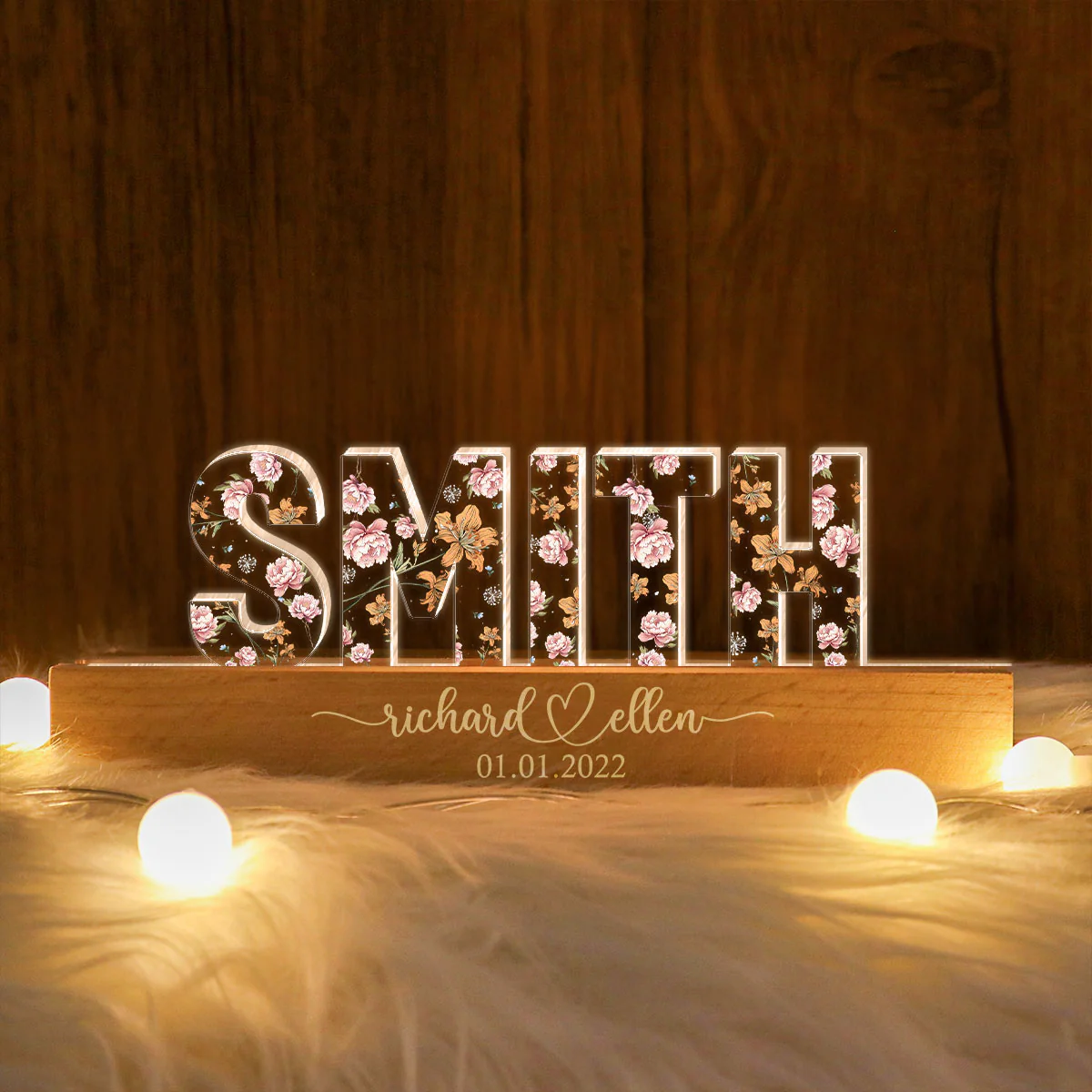 Mr & Mrs Family Name Wedding Anniversary Gift for her & for him, Custom Flower Printed LED Night Light
