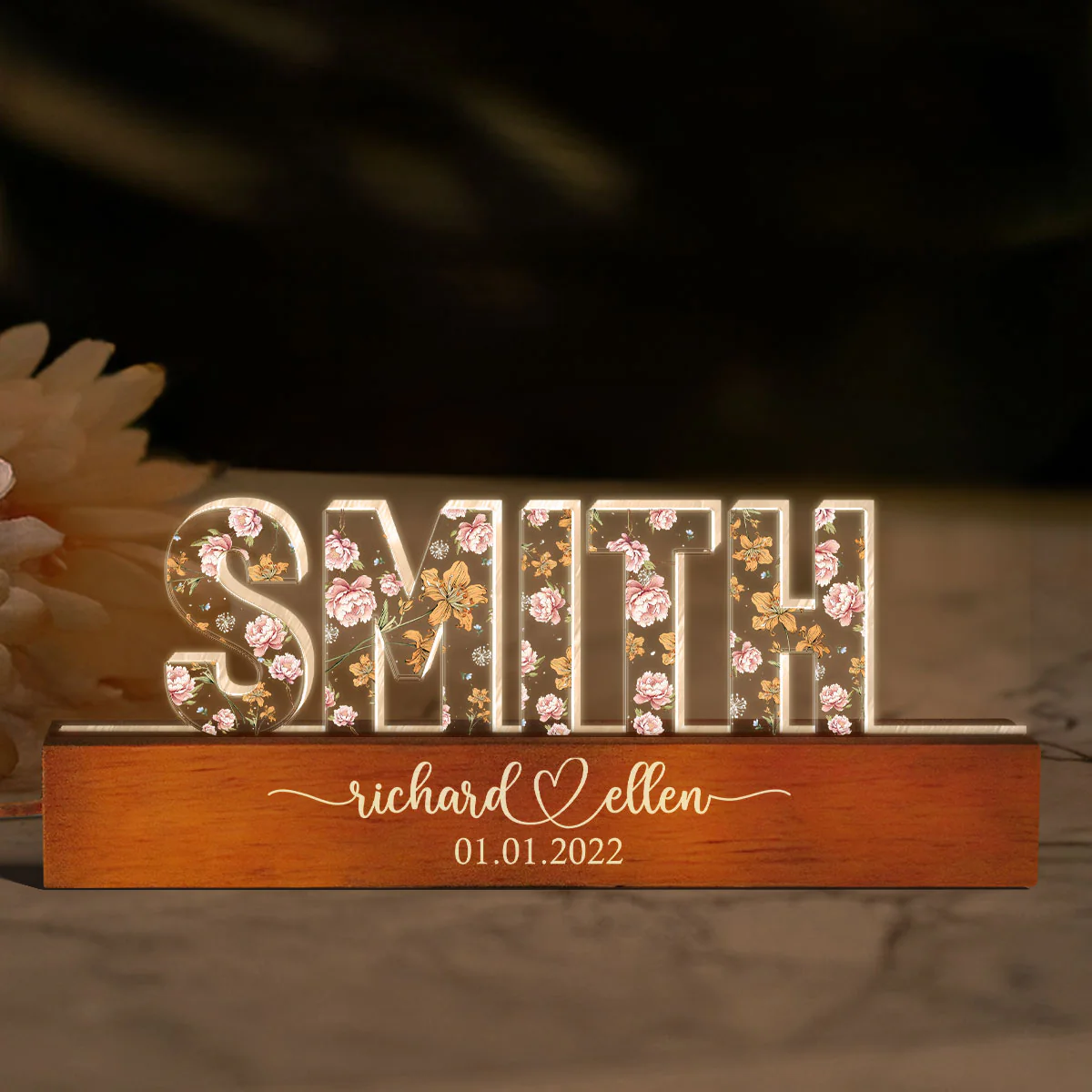 Mr & Mrs Family Name Wedding Anniversary Gift for her & for him, Custom Flower Printed LED Night Light - Image 11