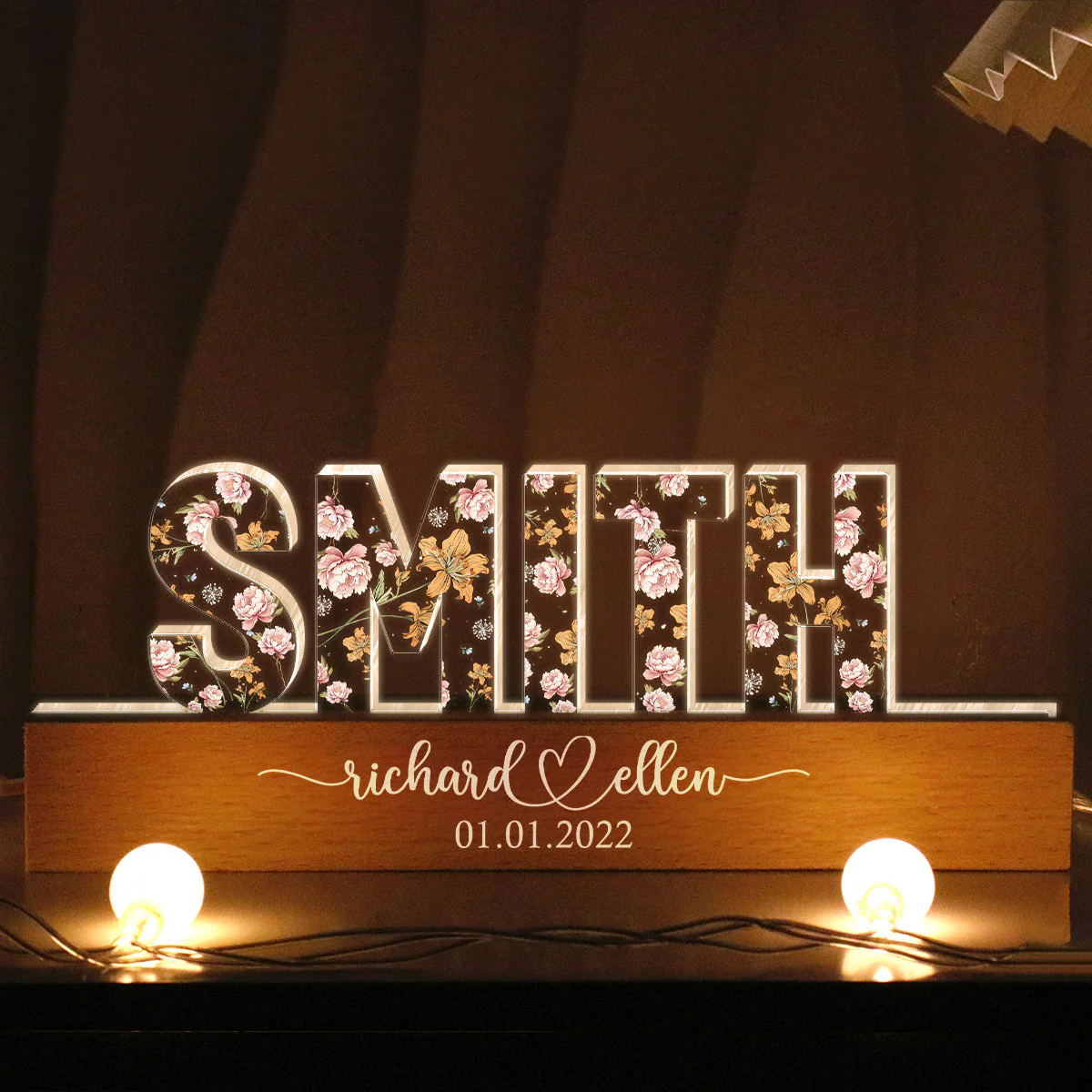 Mr & Mrs Family Name Wedding Anniversary Gift for her & for him, Custom Flower Printed LED Night Light - Image 9