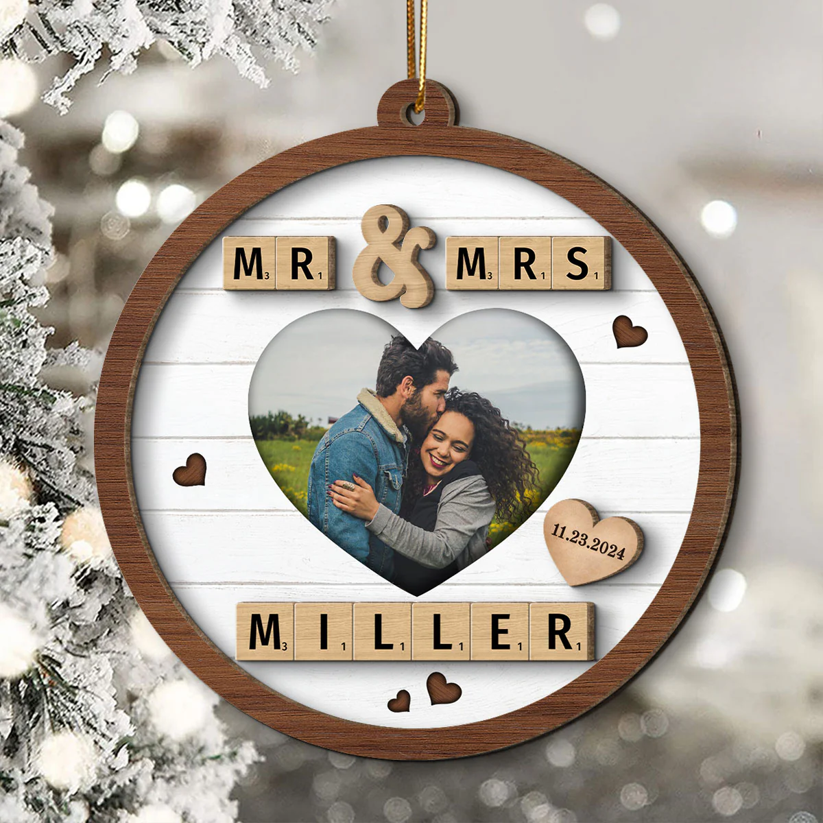 Mr & Mrs First Christmas Engaged Married Word Art Personalized 2-Layer Wooden Ornament - Image 2