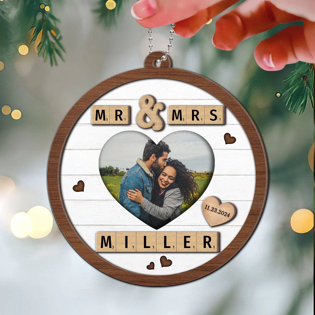 Mr & Mrs First Christmas Engaged Married Word Art Personalized 2-Layer Wooden Ornament - Image 3