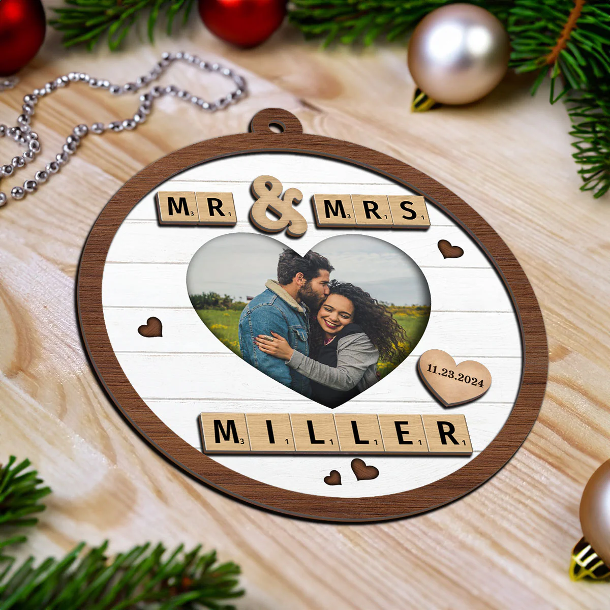 Mr & Mrs First Christmas Engaged Married Word Art Personalized 2-Layer Wooden Ornament - Image 4