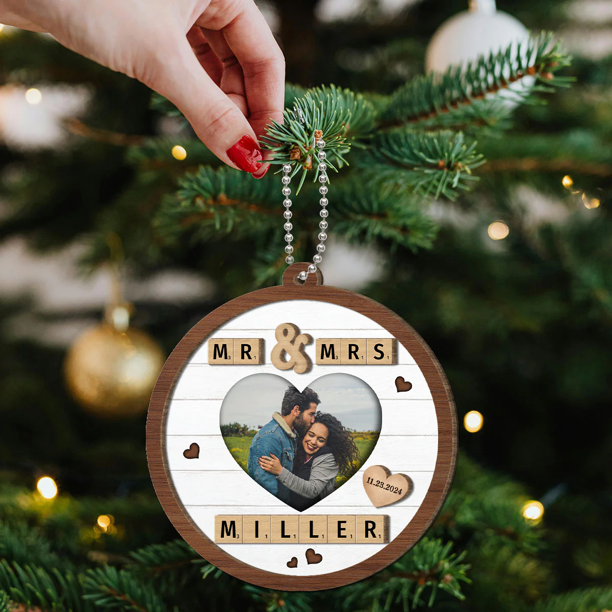Mr & Mrs First Christmas Engaged Married Word Art Personalized 2-Layer Wooden Ornament - Image 5