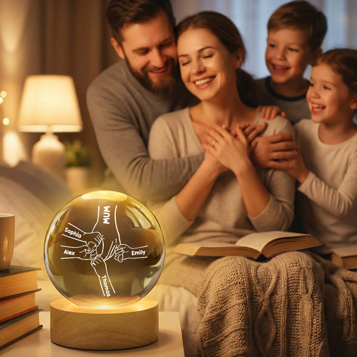 MUM And Kids Holding Hands - Personalised Crystal Ball - Mother's Day Gift For MUM, Grandma - Image 3