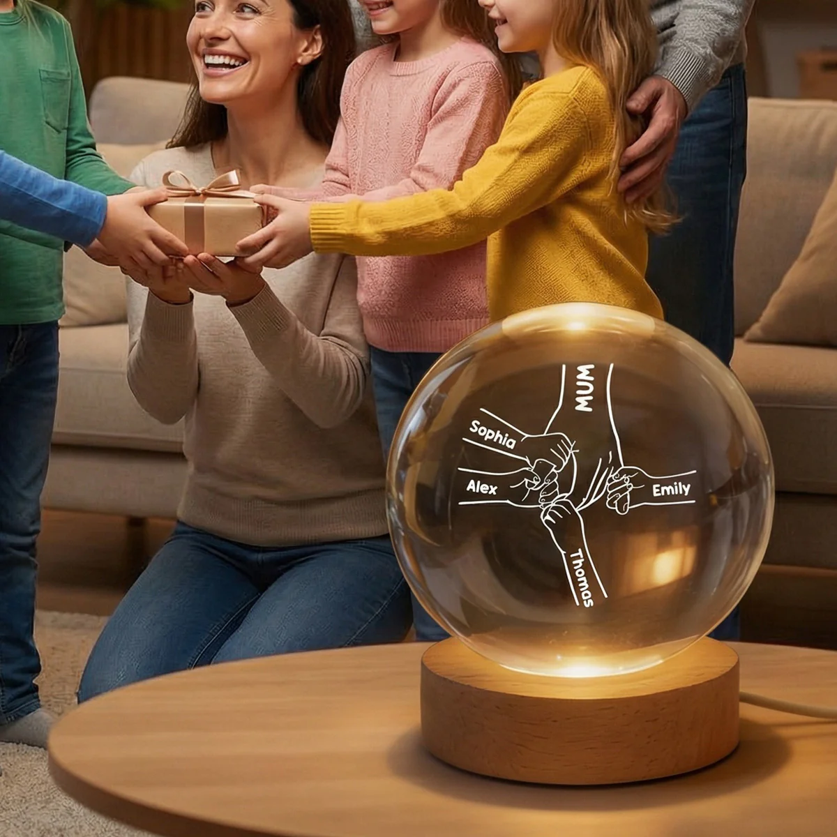 MUM And Kids Holding Hands - Personalised Crystal Ball - Mother's Day Gift For MUM, Grandma - Image 4