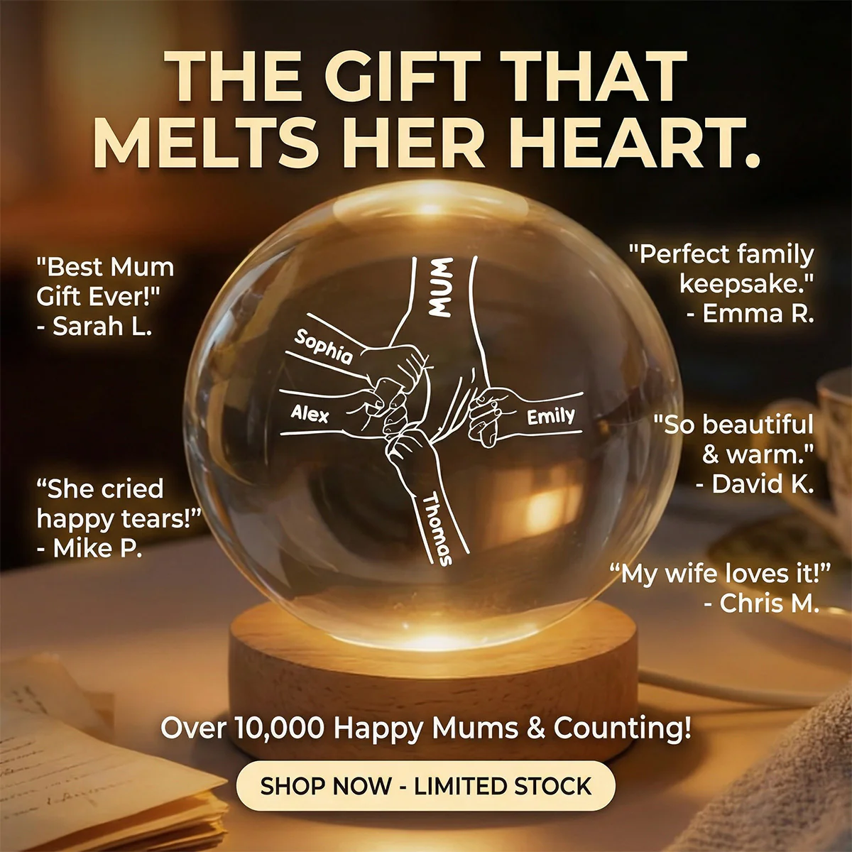 MUM And Kids Holding Hands - Personalised Crystal Ball - Mother's Day Gift For MUM, Grandma - Image 6