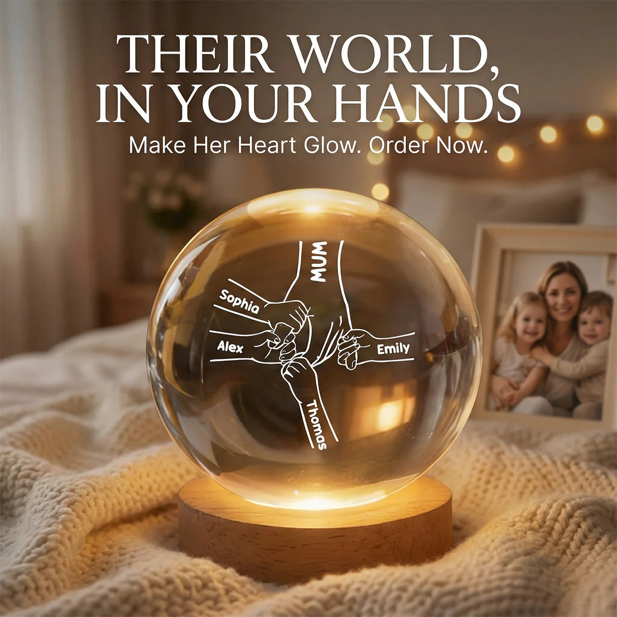 MUM And Kids Holding Hands - Personalised Crystal Ball - Mother's Day Gift For MUM, Grandma - Image 7