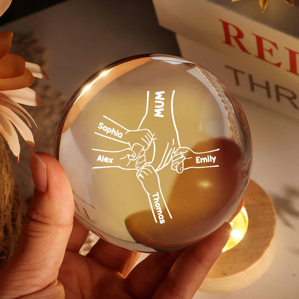 MUM And Kids Holding Hands - Personalised Crystal Ball - Mother's Day Gift For MUM, Grandma - Image 8