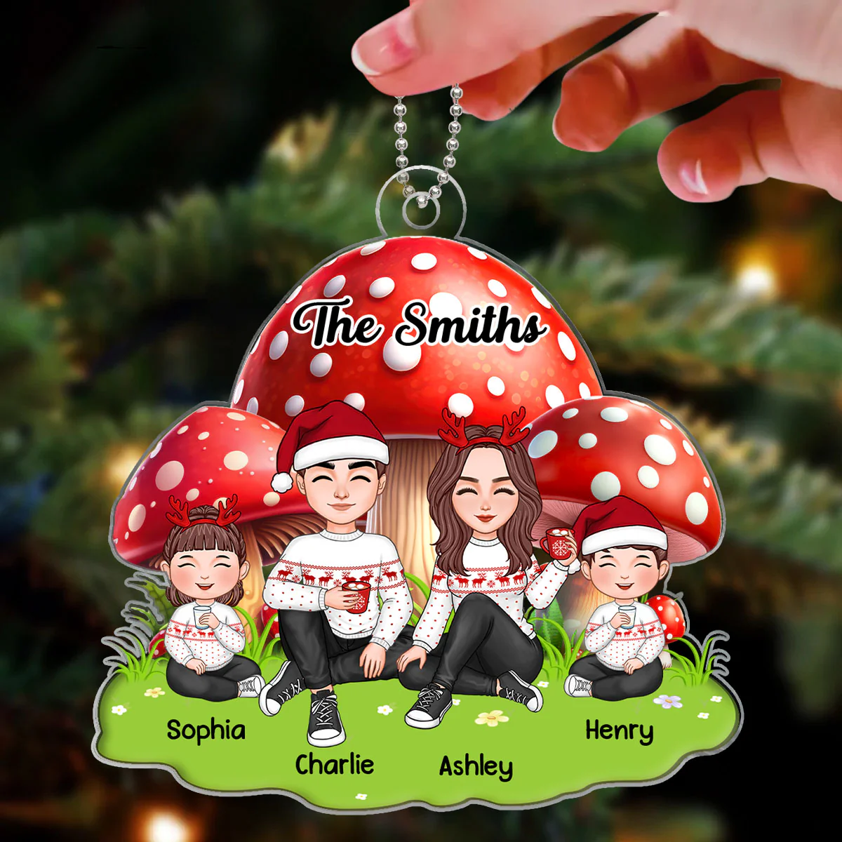 Mushroom Family Christmas Personalized Acrylic Ornament - Image 3