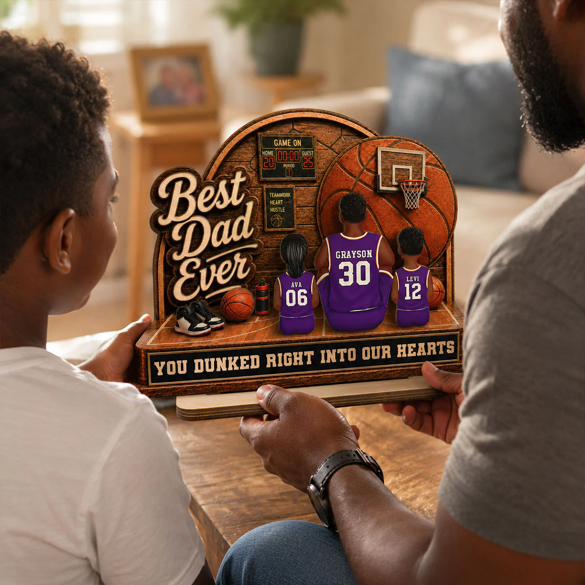 MVP Dad Back View Basketball Man & Kids 2D Flat - Personalized 2-Layered Wooden Plaque - Gift For Basketball Dad - Image 3