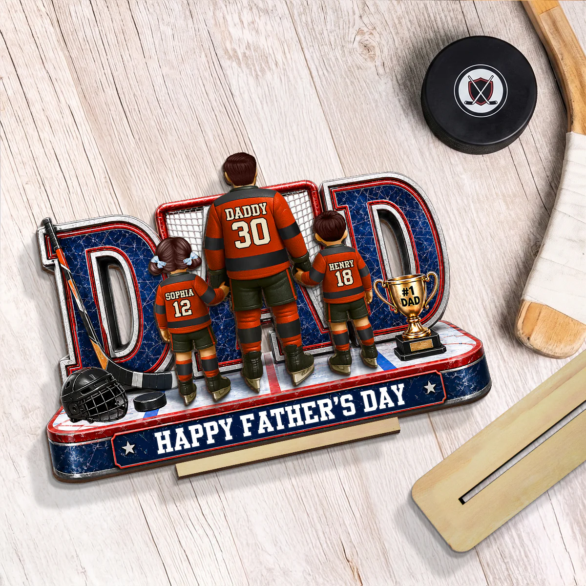 MVP Hockey Dad & Kids Together - Personalized 2-Layered Wooden Plaque - Gift For Dad, Husband - Image 6