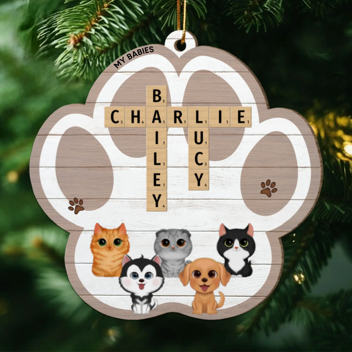 My Babies Dog Cat Crossword Puzzle Art Personalized Paw Shaped 2-Layer Wooden Ornament - Image 11