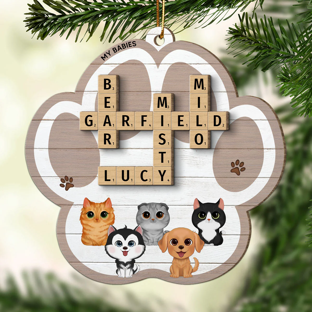My Babies Dog Cat Crossword Puzzle Art Personalized Paw Shaped 2-Layer Wooden Ornament - Image 2
