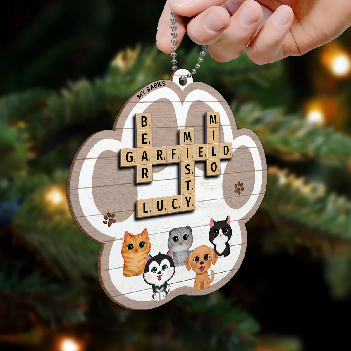 My Babies Dog Cat Crossword Puzzle Art Personalized Paw Shaped 2-Layer Wooden Ornament - Image 6