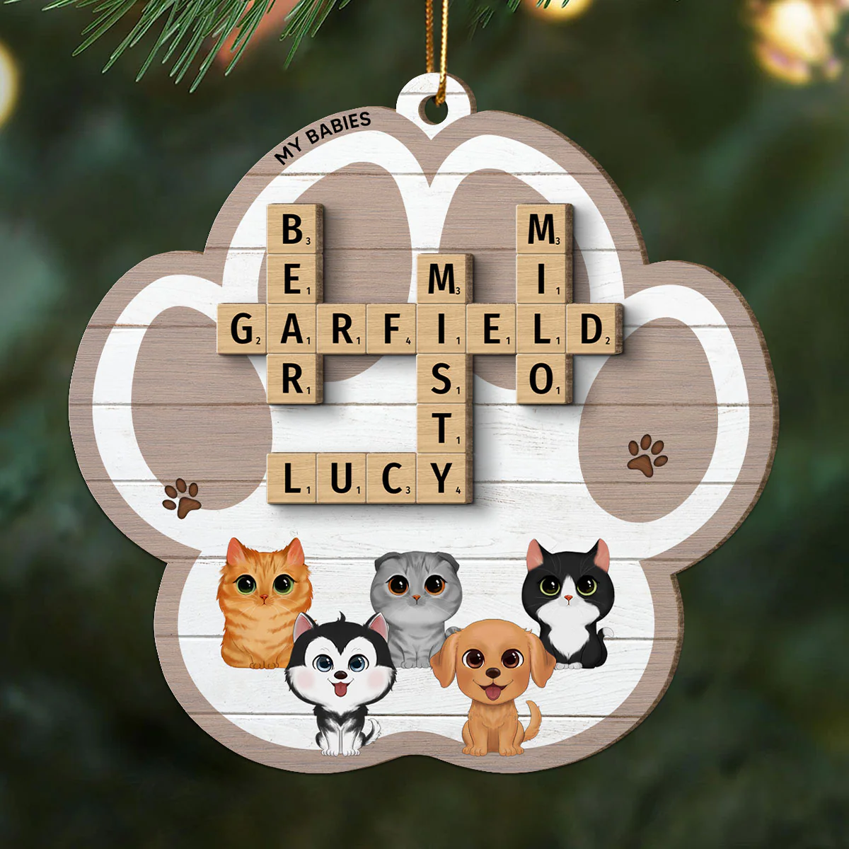 My Babies Dog Cat Crossword Puzzle Art Personalized Paw Shaped 2-Layer Wooden Ornament - Image 8
