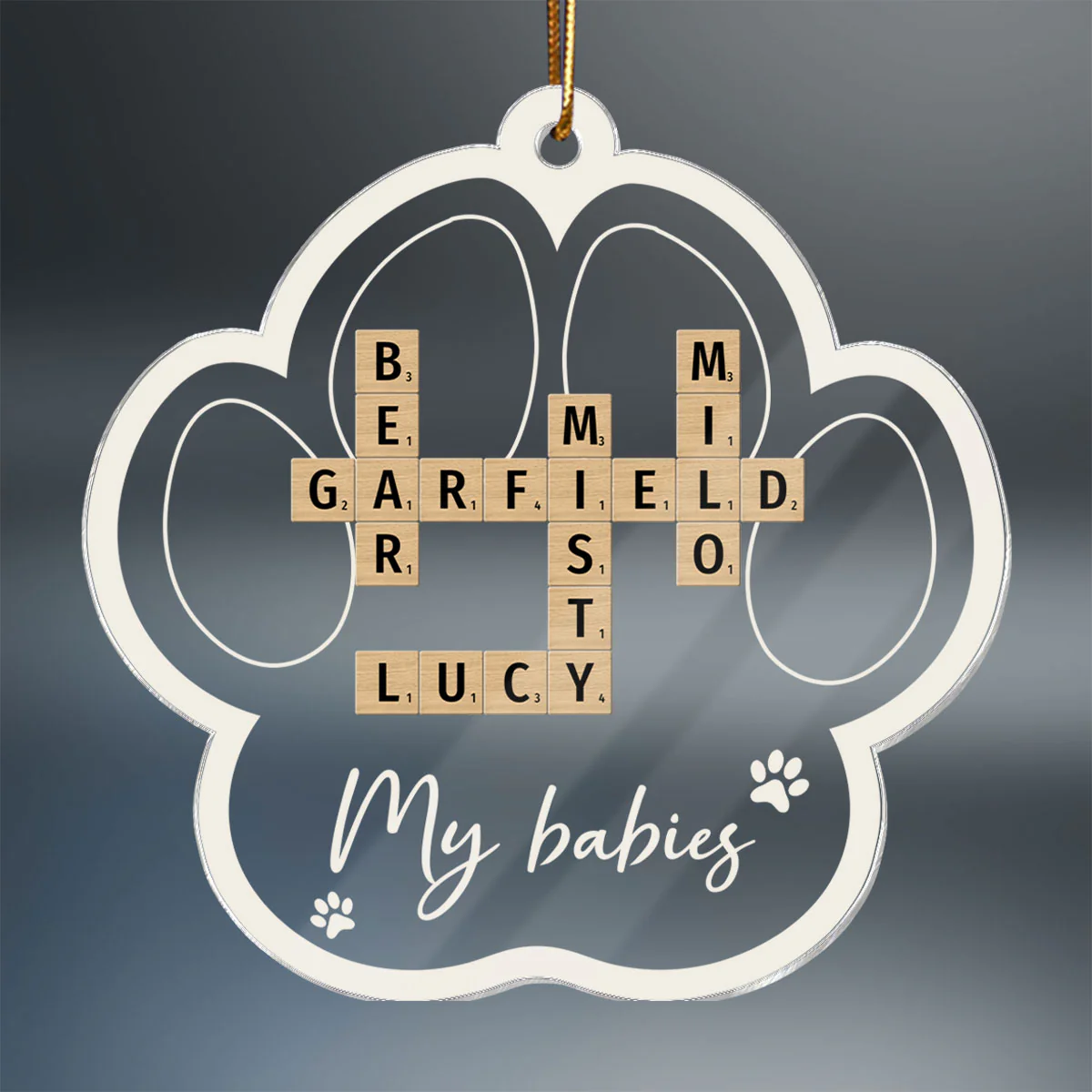 My Babies Dog Cat Names Crossword Puzzle Art Personalized Paw Shaped Acrylic Ornament - Image 2