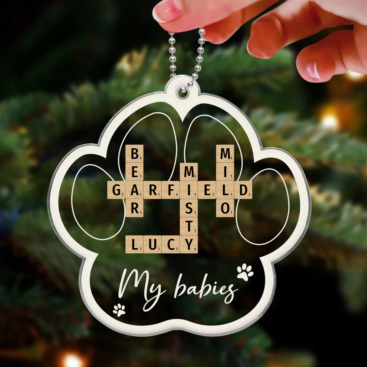My Babies Dog Cat Names Crossword Puzzle Art Personalized Paw Shaped Acrylic Ornament - Image 3