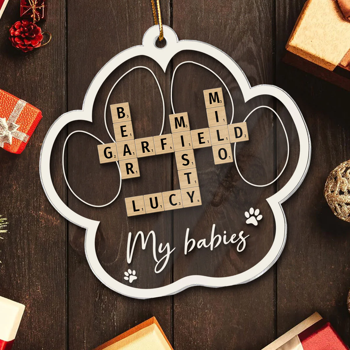 My Babies Dog Cat Names Crossword Puzzle Art Personalized Paw Shaped Acrylic Ornament - Image 5