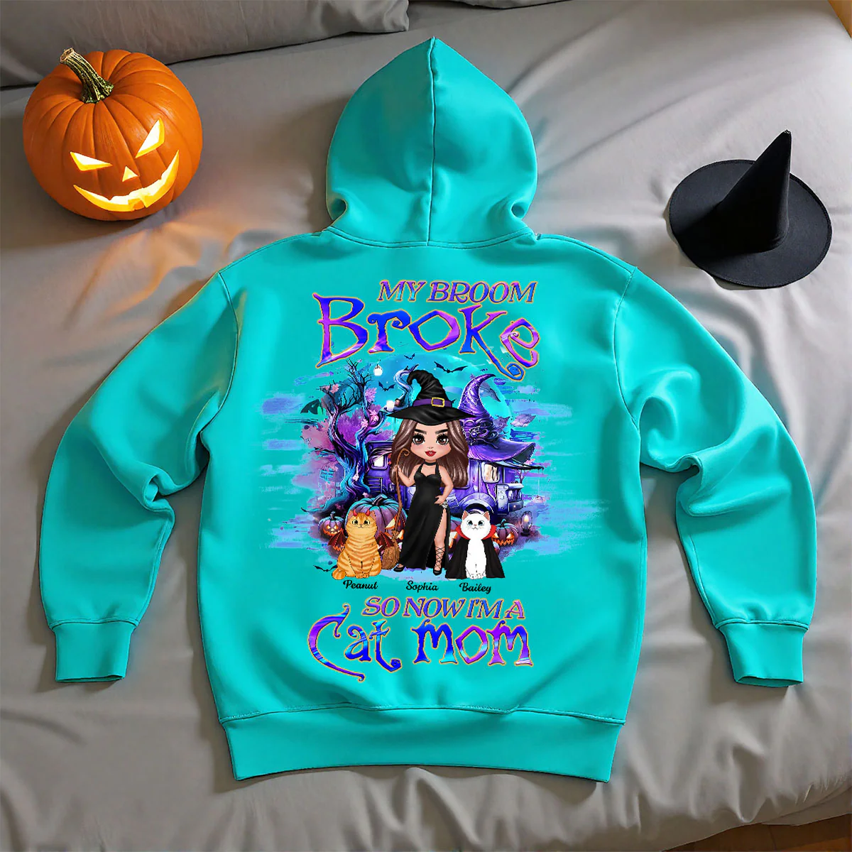 My Broom Broke So Now I'm A Cat Mom Halloween Personalized Hoodie - Image 2
