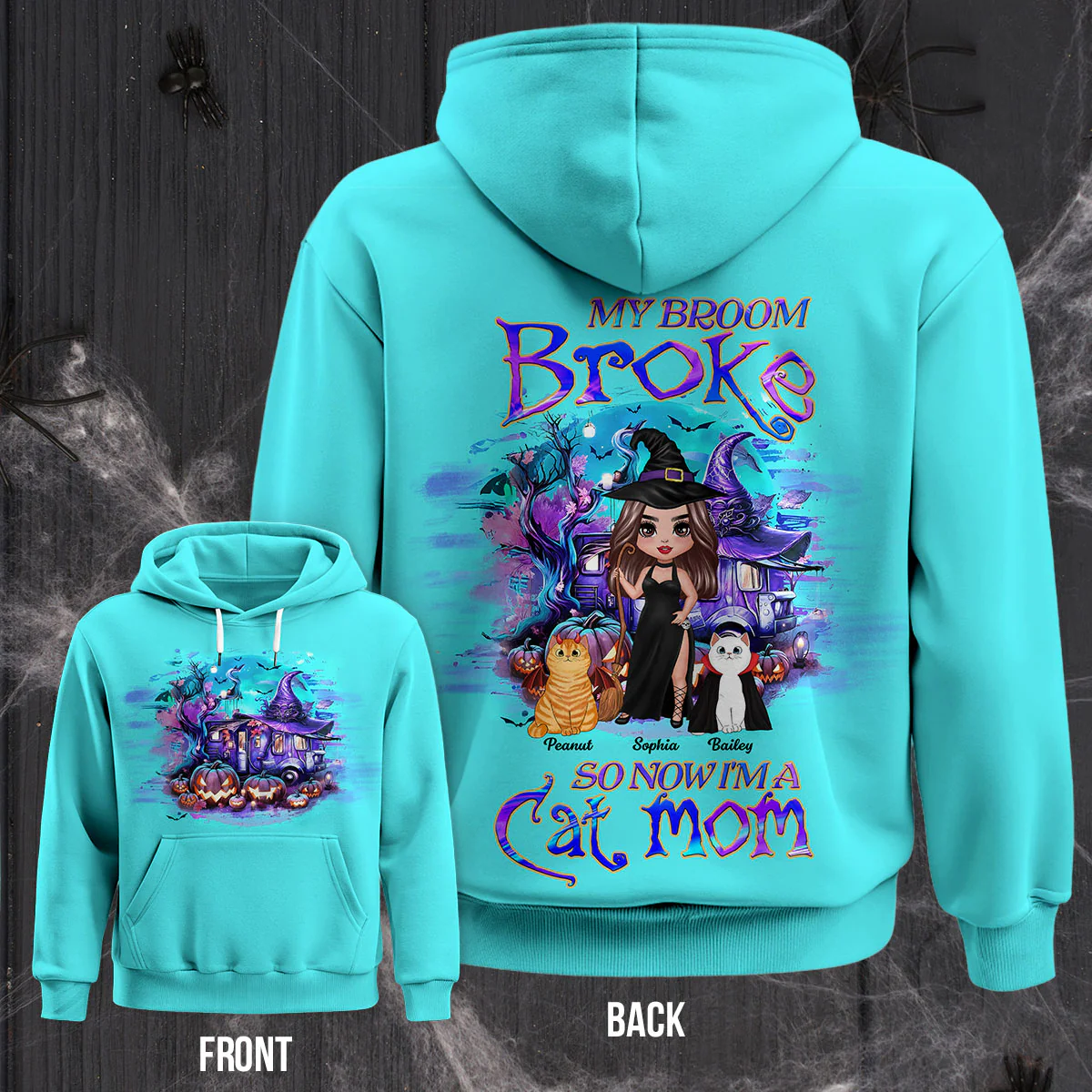 My Broom Broke So Now I'm A Cat Mom Halloween Personalized Hoodie - Image 3