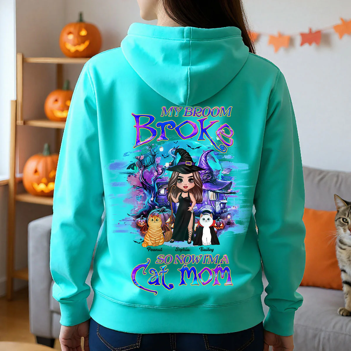 My Broom Broke So Now I'm A Cat Mom Halloween Personalized Hoodie - Image 4